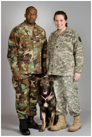 MA1 John Washington, MWD Renato and Veterinarian, CPT Michele Pfannenstiel