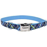 Coastal Ribbon Adjustable Dog Collar with Metal Buckle Navy Blue Plaid  I006449b