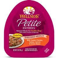 Wellness Petite Entrees Shredded Medley Tender Chicken, Turkey, Carrots &amp; Green Beans Dog Food 3oz Tub I013453