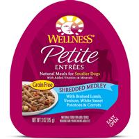 Wellness Petite Entrees Shredded Medley Braised Lamb, Venison, White Sweet Potatoes &amp; Carrots Dog Food 3oz Tub I013455