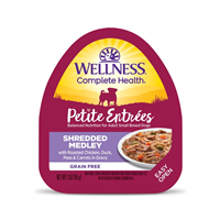 Wellness Petite Entrees Shredded Medley Roasted Chicken, Duck, Peas & Carrots Dog Food 3oz Tub I013451