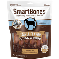 SmartBones Triple Flvor Dual Wraps With Real, Chicken, Pork & Peanut Butter 8 Sticks I029152
